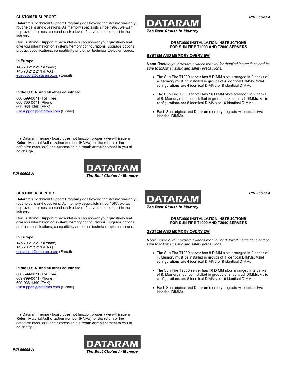 Dataram DRST2000 User Manual | 2 pages