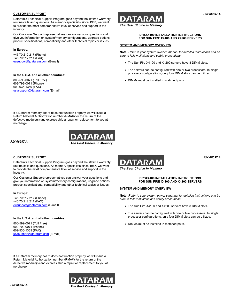 Dataram DRSX4100 User Manual | 2 pages
