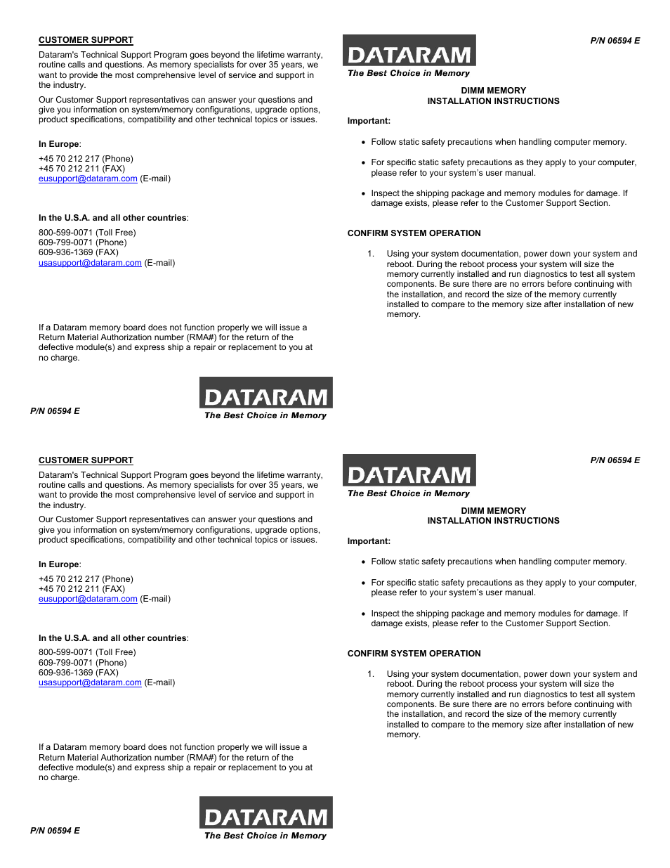 Dataram General DIMM User Manual | 2 pages