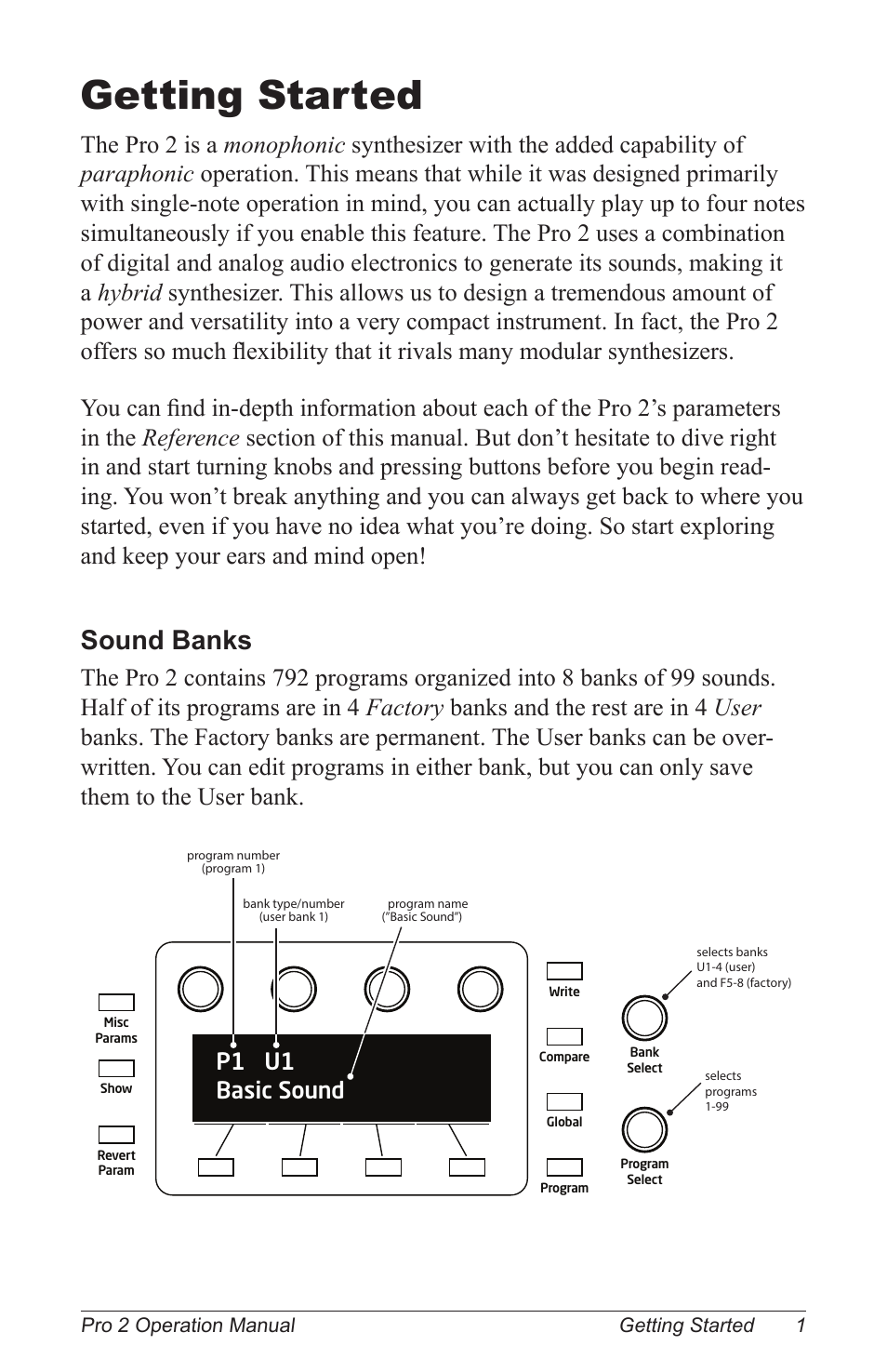 Getting started, Sound banks, P1 basic sound u1 | Dave Smith Instruments PRO 2 User Manual | Page 11 / 152