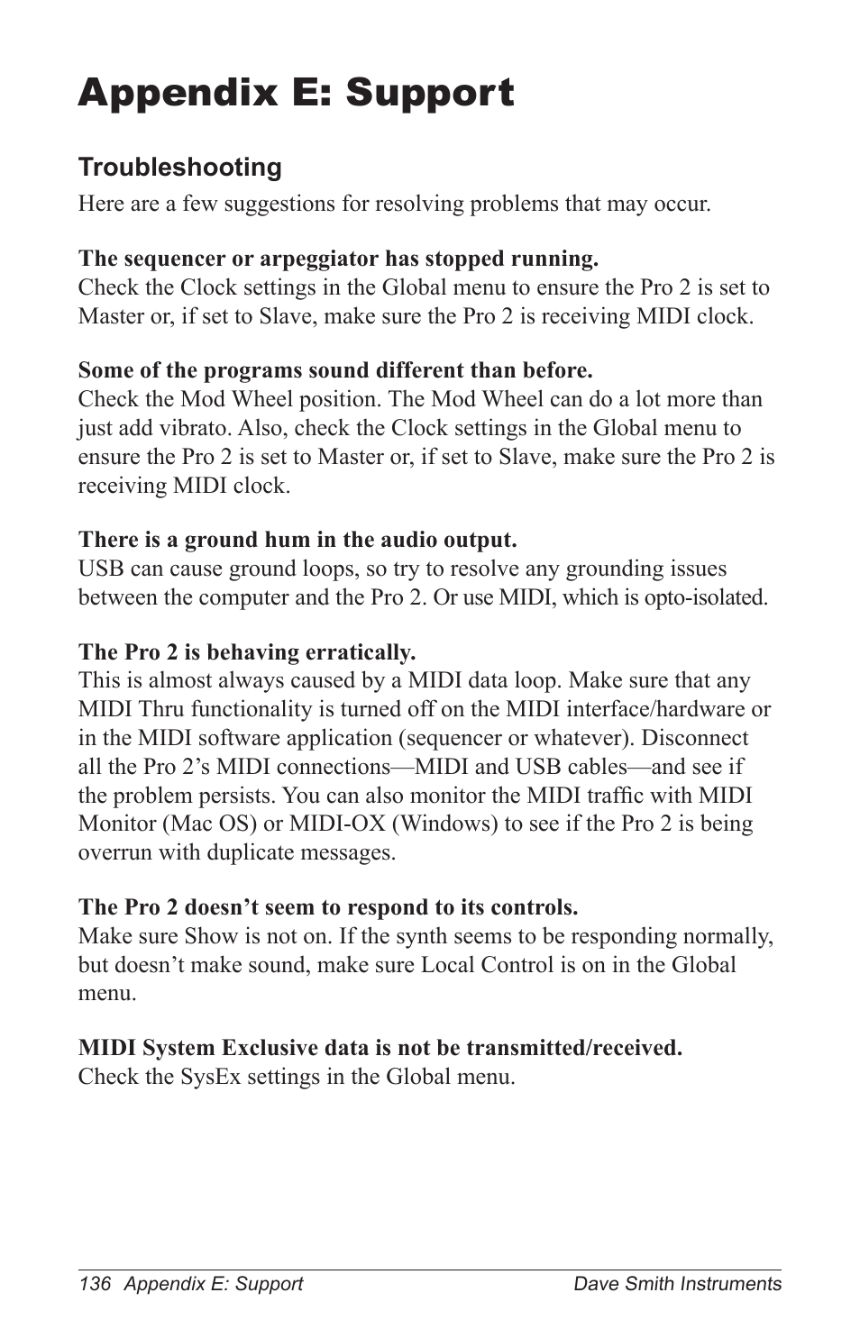 Appendix e: support, Troubleshooting | Dave Smith Instruments PRO 2 User Manual | Page 146 / 152