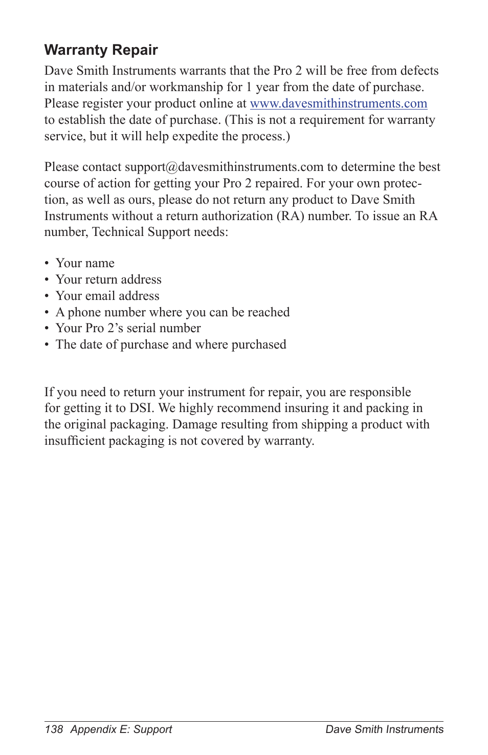 Warranty repair | Dave Smith Instruments PRO 2 User Manual | Page 148 / 152