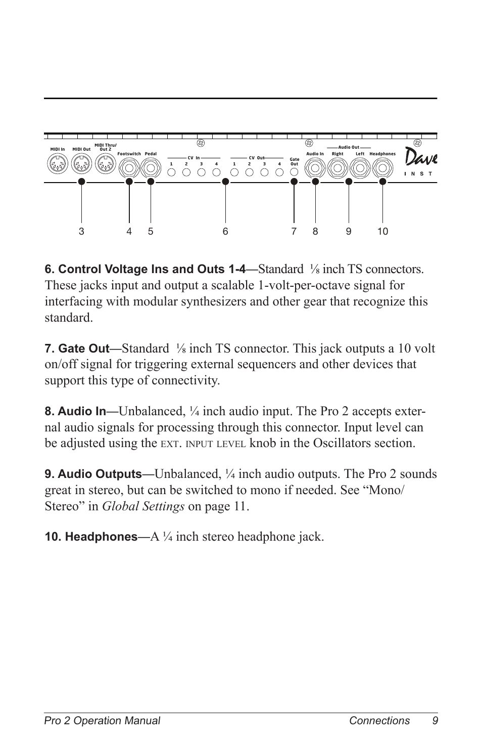 A ¼ inch stereo headphone jack, 6 . control voltage ins and outs 1-4, 7 . gate out | 8 . audio in, 9 . audio outputs, 10 . headphones, 9pro 2 operation manual connections | Dave Smith Instruments PRO 2 User Manual | Page 19 / 152