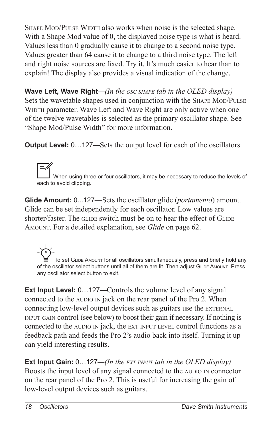 Sets the output level for each of the oscillators, Switch must be on to hear the effect of g, For a detailed explanation, see glide on page 62 | Jack, the | Dave Smith Instruments PRO 2 User Manual | Page 28 / 152