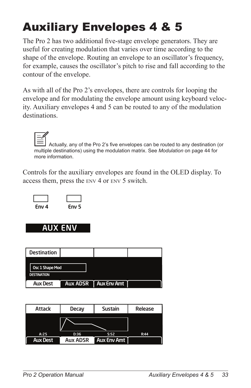 Auxiliary envelopes 4 & 5, Aux env, 4 or | 5 switch | Dave Smith Instruments PRO 2 User Manual | Page 43 / 152