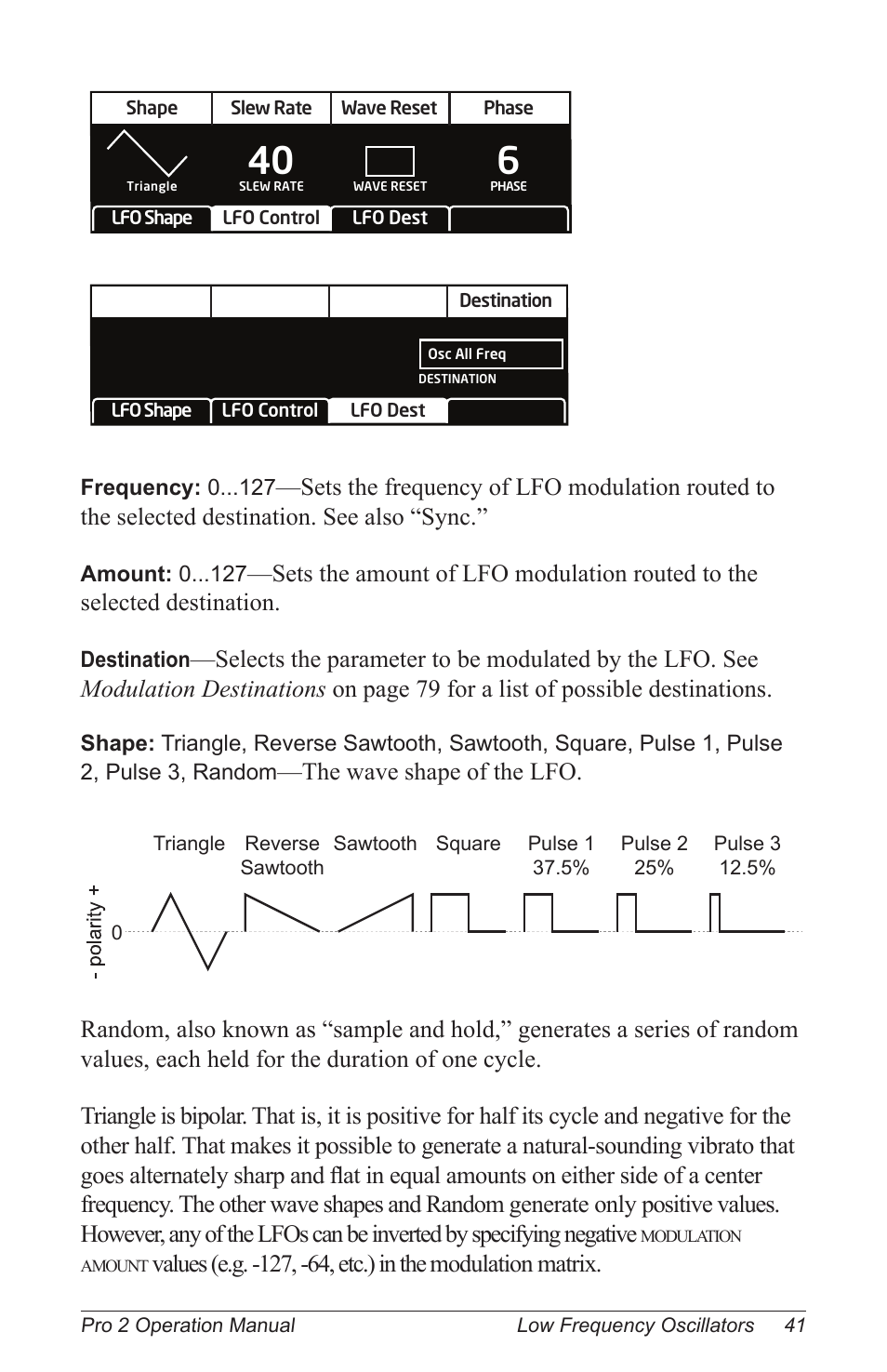 The wave shape of the lfo, Values (e.g , -64, etc.) in the modulation matrix | Dave Smith Instruments PRO 2 User Manual | Page 51 / 152