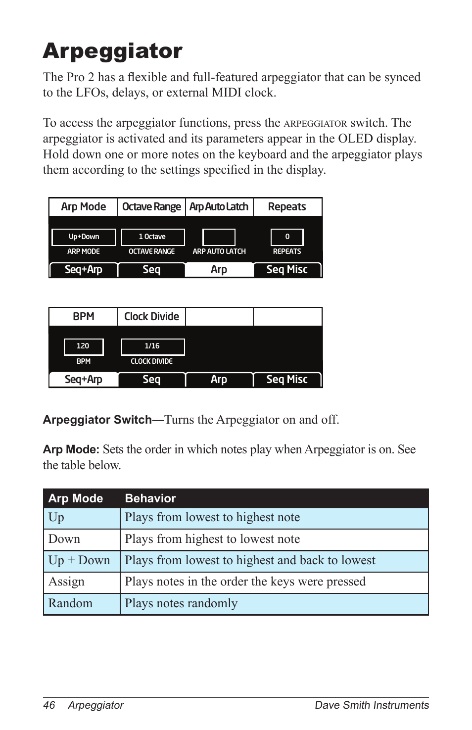 Arpeggiator, Turns the arpeggiator on and off | Dave Smith Instruments PRO 2 User Manual | Page 56 / 152