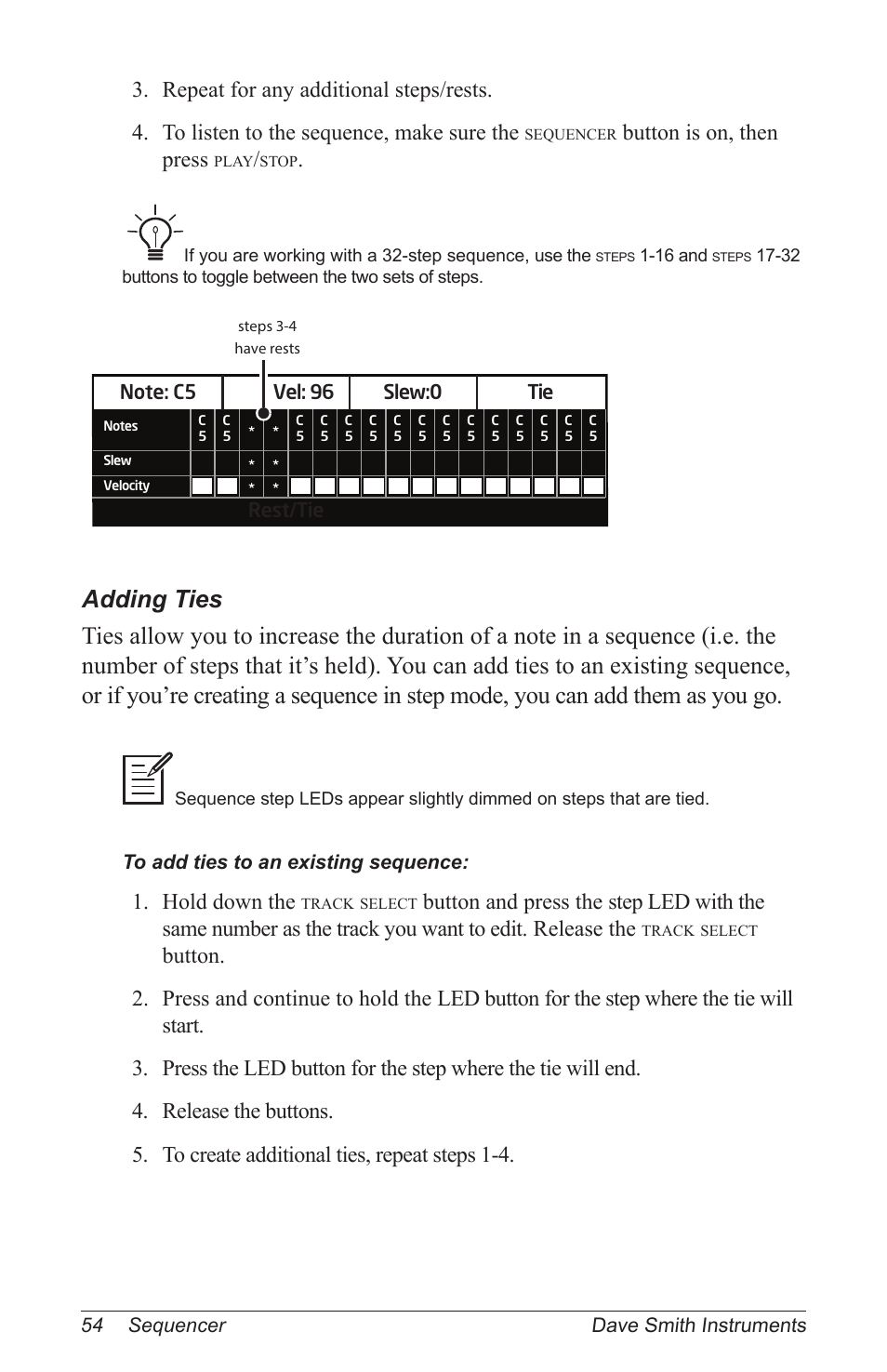 Button is on, then press, Hold down the, 54 sequencer dave smith instruments | Rest/tie | Dave Smith Instruments PRO 2 User Manual | Page 64 / 152