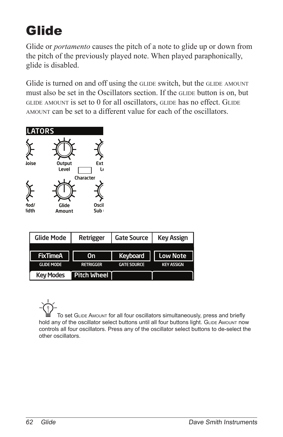 Glide, Switch, but the, Button is on, but | Is set to 0 for all oscillators, Has no effect. g, Oscillators | Dave Smith Instruments PRO 2 User Manual | Page 72 / 152