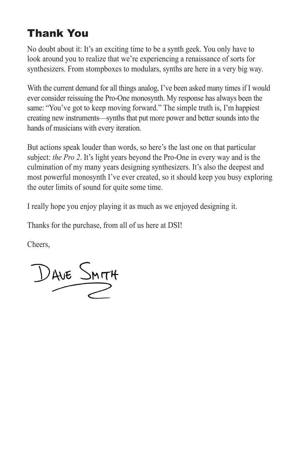 Thank you | Dave Smith Instruments PRO 2 User Manual | Page 9 / 152