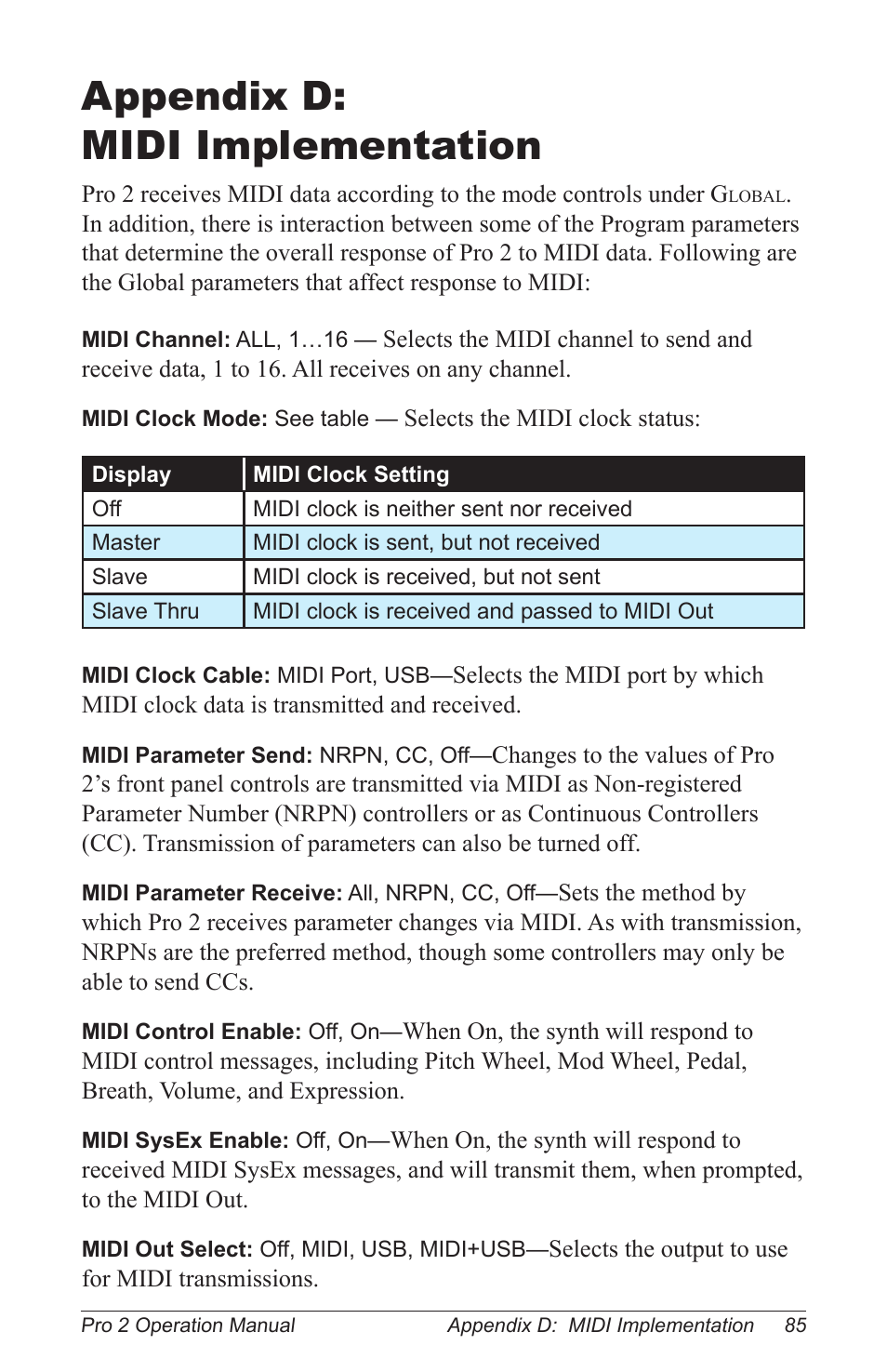 Appendix d: midi implementation, Goback, Appendix d | Midi implementation | Dave Smith Instruments PRO 2 User Manual | Page 95 / 152