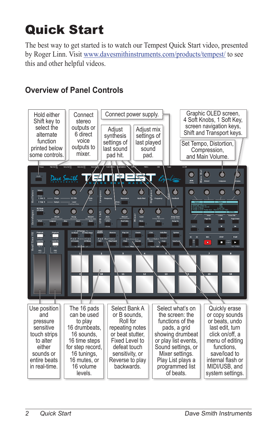 Quick start, Overview of panel controls | Dave Smith Instruments TEMPEST User Manual | Page 12 / 90