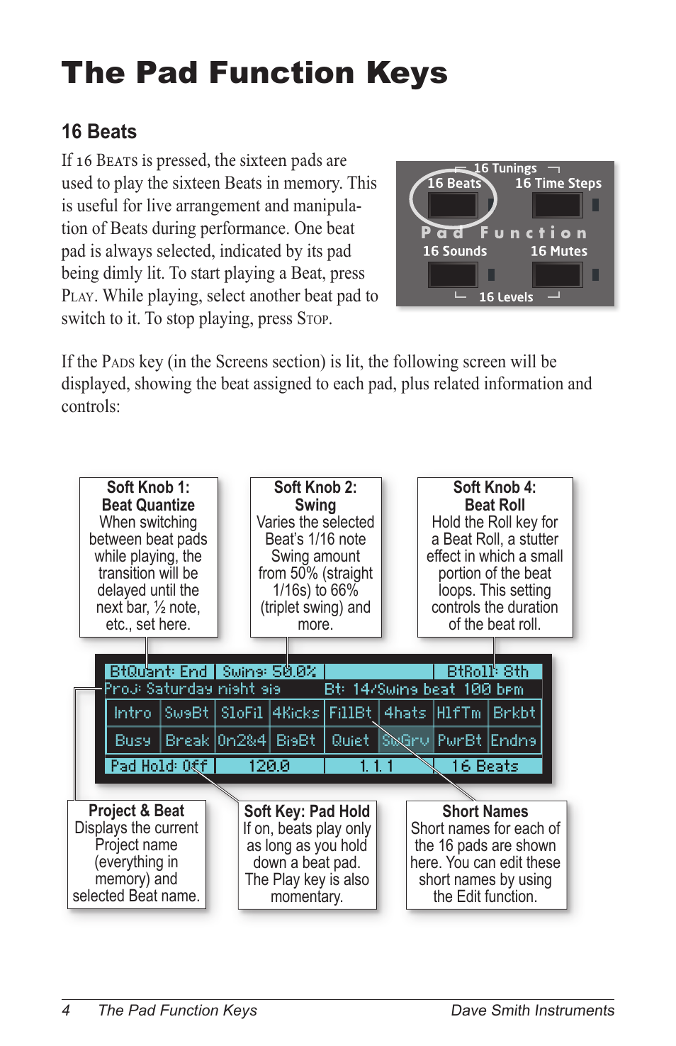 The pad function keys, 16 beats, If the p | Dave Smith Instruments TEMPEST User Manual | Page 14 / 90