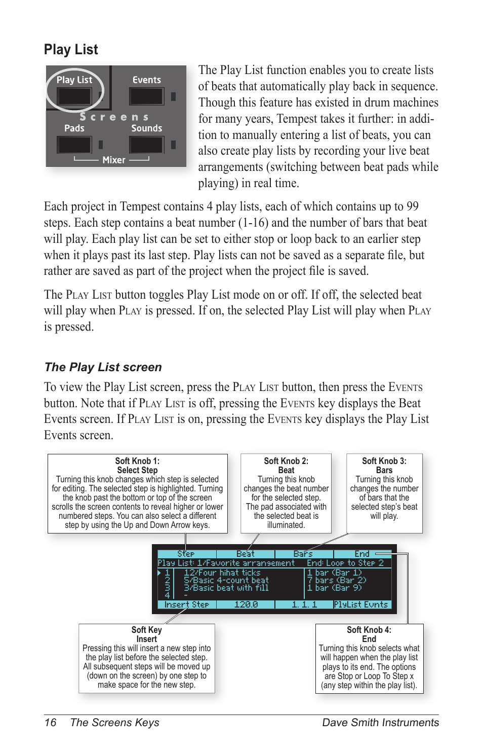 Play list, Is pressed, Button, then press the e | Is off, pressing the e, Key displays the beat events screen. if p, Is on, pressing the e, Key displays the play list events screen, The play list screen | Dave Smith Instruments TEMPEST User Manual | Page 26 / 90