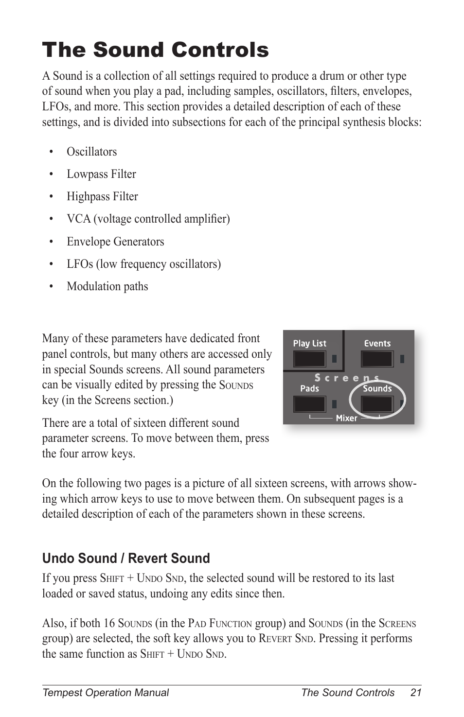 The sound controls, Undo sound / revert sound | Dave Smith Instruments TEMPEST User Manual | Page 31 / 90