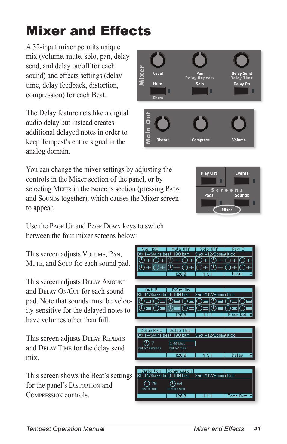 Mixer and effects, And s, And p | For each sound pad. this screen adjusts d, And d, And c, Controls | Dave Smith Instruments TEMPEST User Manual | Page 51 / 90