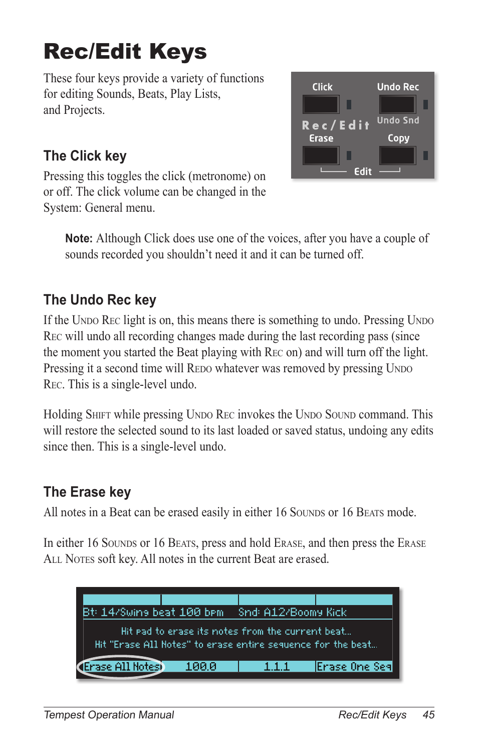 Rec/edit keys, The click key, The undo rec key | The erase key | Dave Smith Instruments TEMPEST User Manual | Page 55 / 90