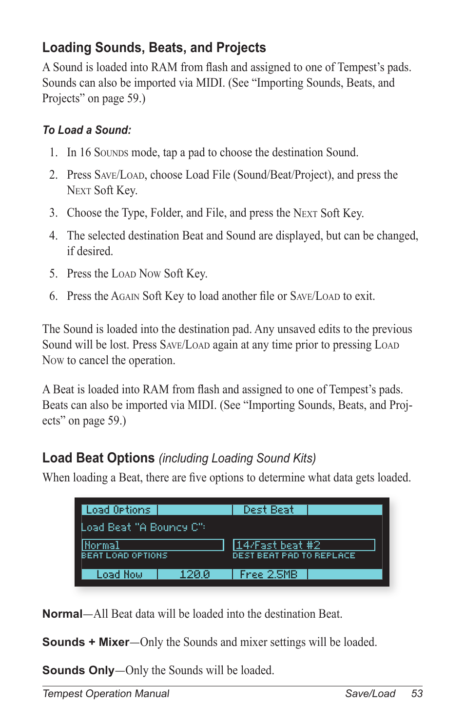 Loading sounds, beats, and projects, Load beat options | Dave Smith Instruments TEMPEST User Manual | Page 63 / 90