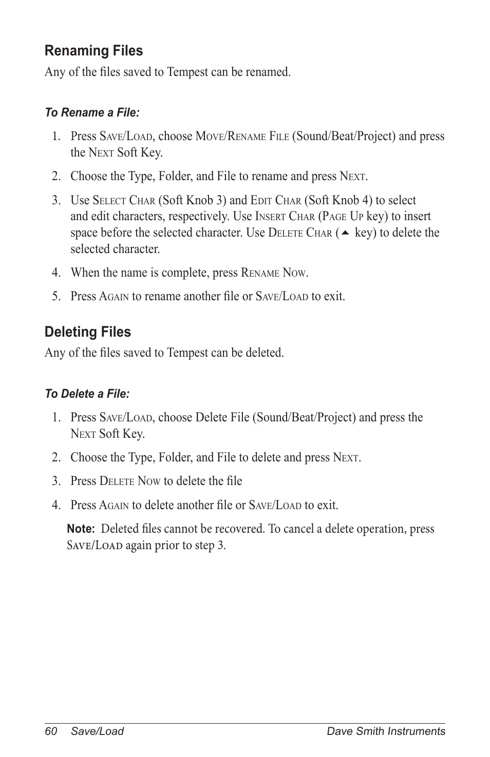 Renaming files, Deleting files | Dave Smith Instruments TEMPEST User Manual | Page 70 / 90