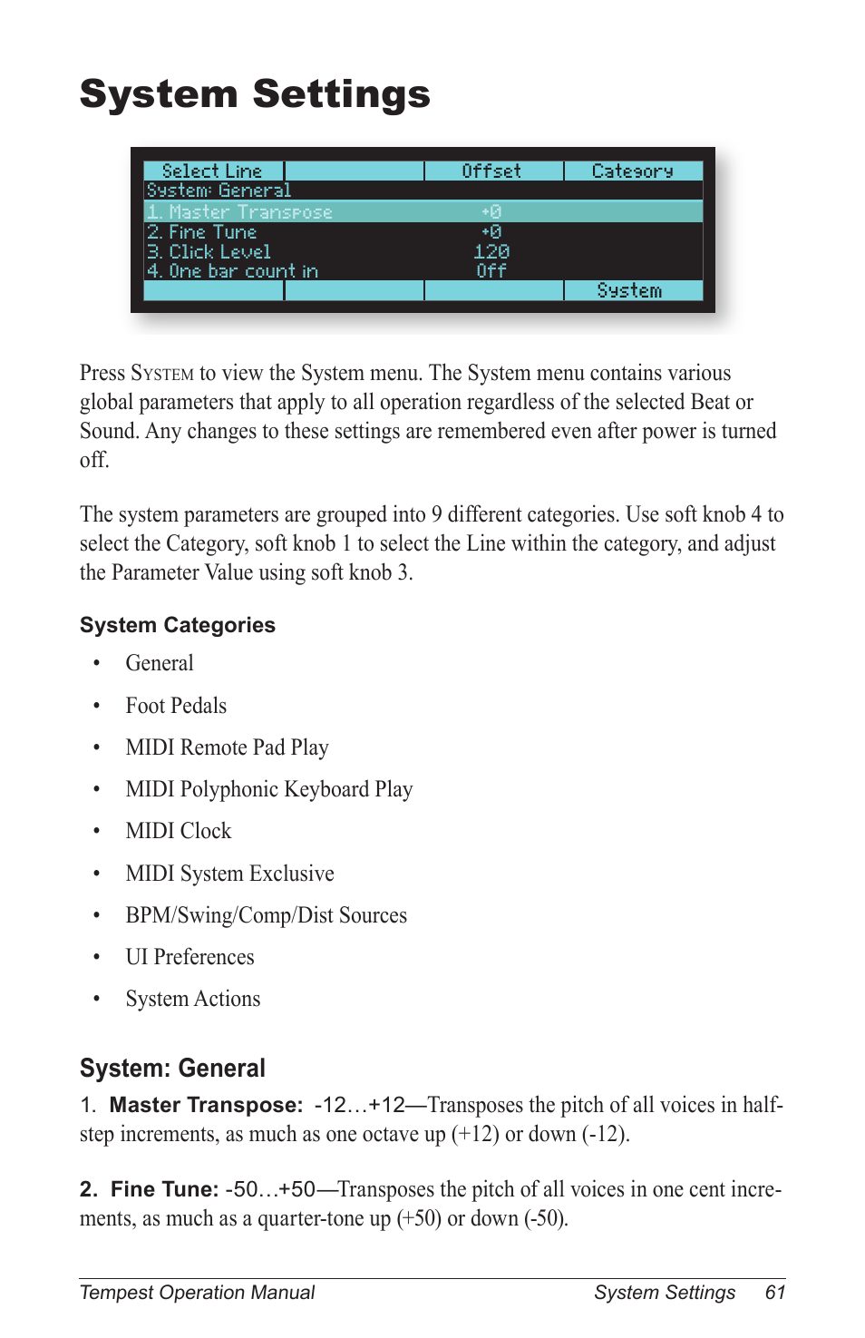 System settings, System: general | Dave Smith Instruments TEMPEST User Manual | Page 71 / 90
