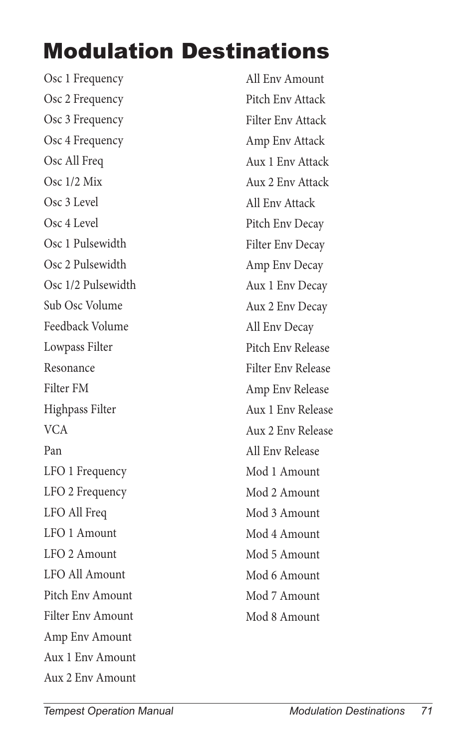 Modulation destinations | Dave Smith Instruments TEMPEST User Manual | Page 81 / 90