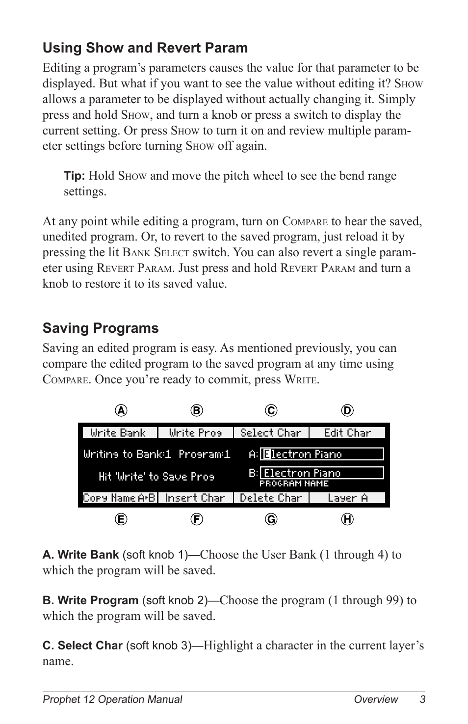 Using show and revert param, Saving programs | Dave Smith Instruments PROPHET 12 KEYBOARD User Manual | Page 13 / 100