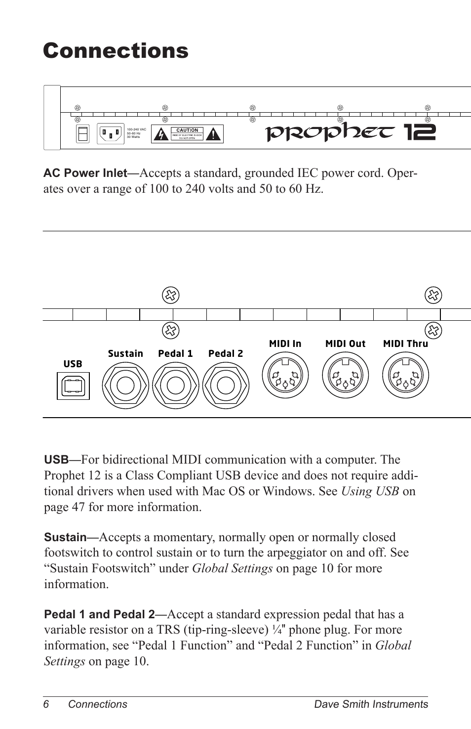 Connections, Ac power inlet, Sustain | Pedal 1 and pedal 2 | Dave Smith Instruments PROPHET 12 KEYBOARD User Manual | Page 16 / 100