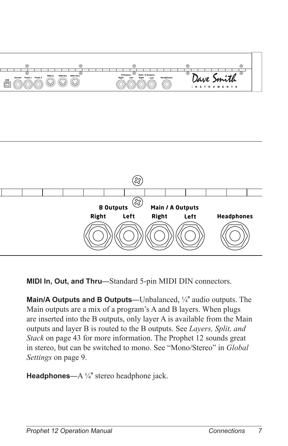 Standard 5-pin midi din connectors, A ¼″ stereo headphone jack, Midi in, out, and thru | Main/a outputs and b outputs, Headphones, 7prophet 12 operation manual connections | Dave Smith Instruments PROPHET 12 KEYBOARD User Manual | Page 17 / 100