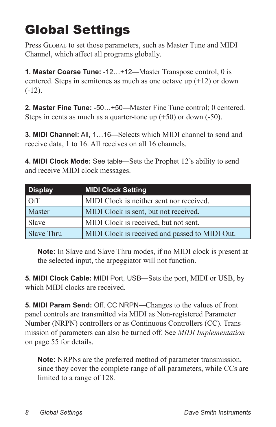 Global settings | Dave Smith Instruments PROPHET 12 KEYBOARD User Manual | Page 18 / 100