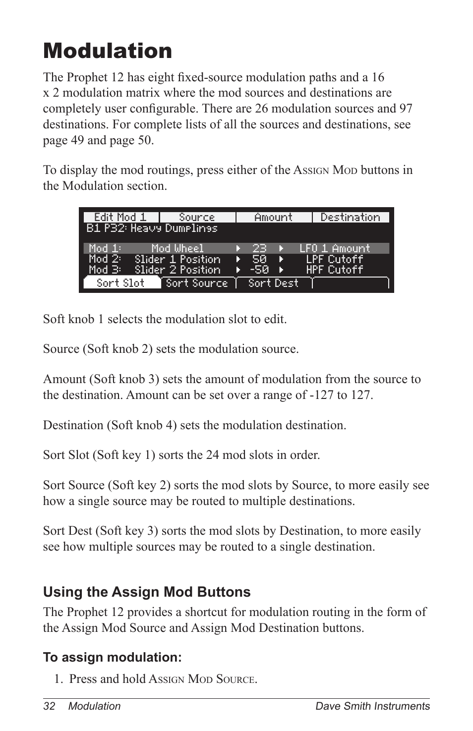 Modulation, Using the assign mod buttons | Dave Smith Instruments PROPHET 12 KEYBOARD User Manual | Page 42 / 100