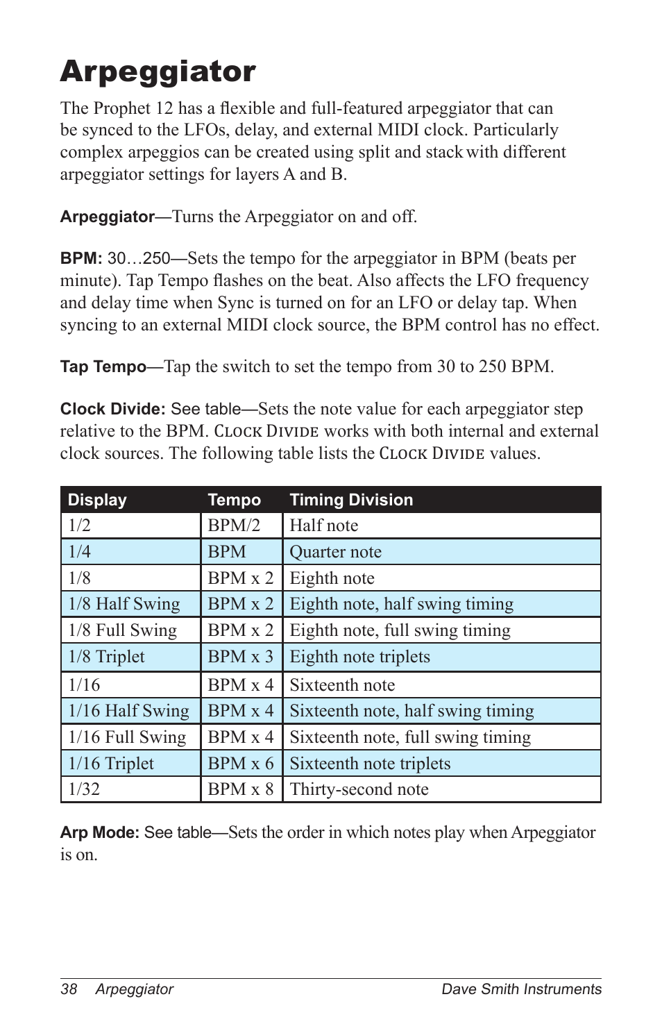 Arpeggiator | Dave Smith Instruments PROPHET 12 KEYBOARD User Manual | Page 48 / 100