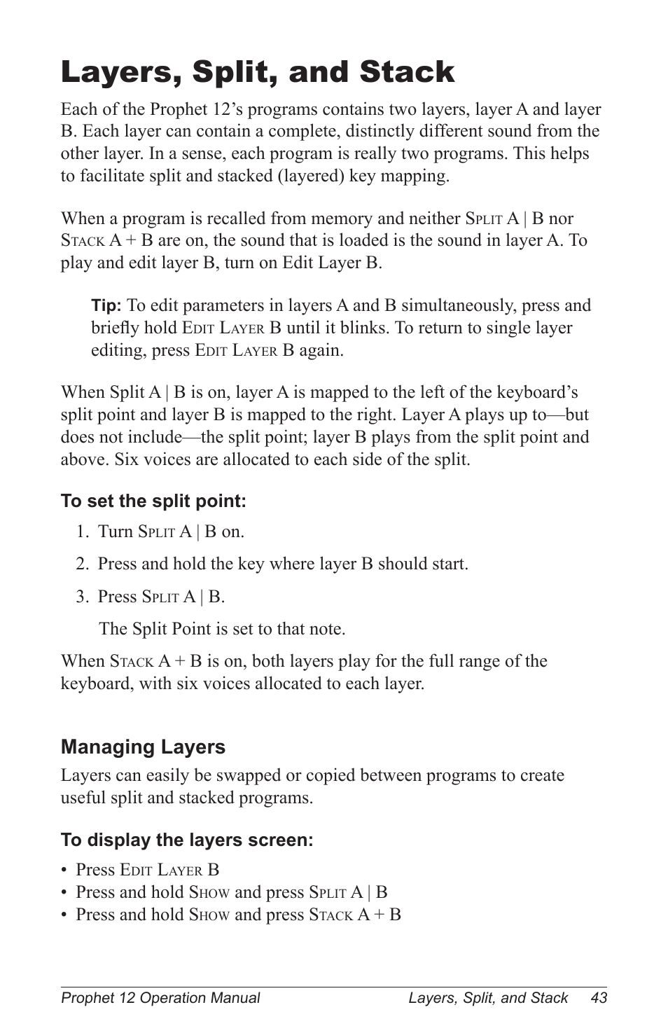 Layers, split, and stack, Managing layers | Dave Smith Instruments PROPHET 12 KEYBOARD User Manual | Page 53 / 100