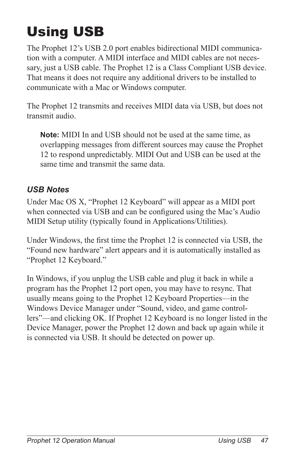 Using usb | Dave Smith Instruments PROPHET 12 KEYBOARD User Manual | Page 57 / 100