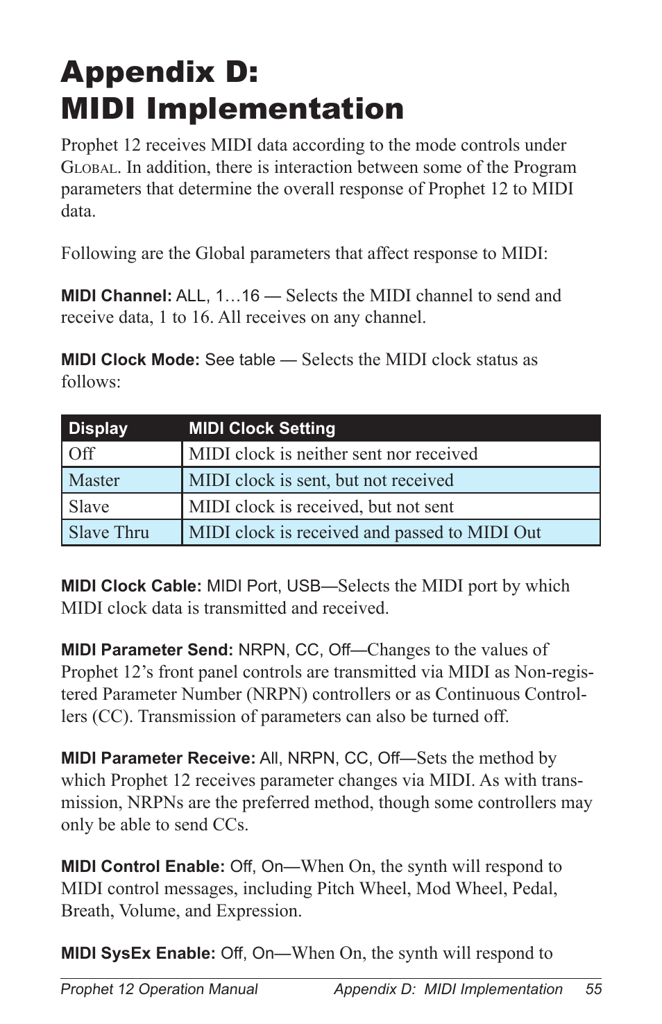 Appendix d: midi implementation | Dave Smith Instruments PROPHET 12 KEYBOARD User Manual | Page 65 / 100