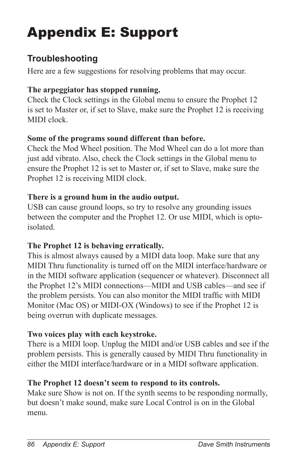 Appendix e: support | Dave Smith Instruments PROPHET 12 KEYBOARD User Manual | Page 96 / 100
