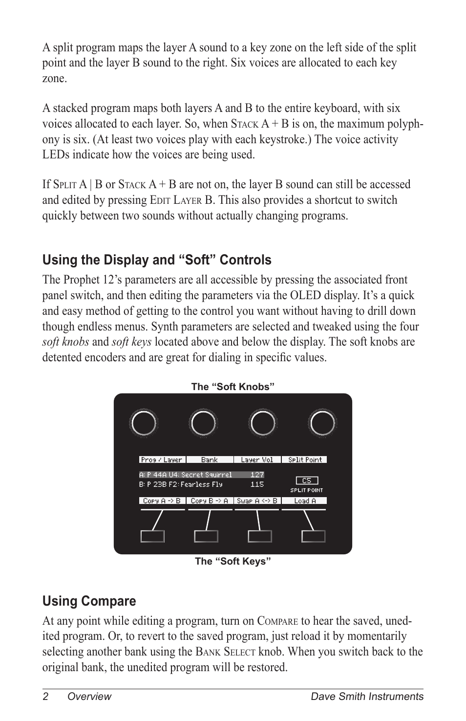 Using the display and “soft” controls, Using compare | Dave Smith Instruments PROPHET 12 DESKTOP User Manual | Page 14 / 104