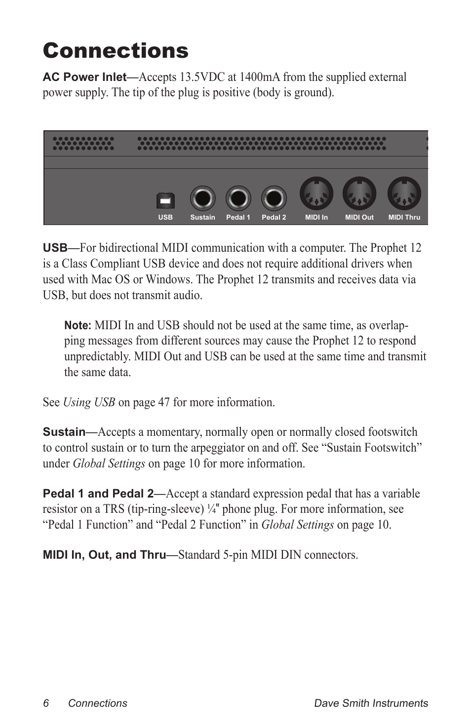 Connections, Standard 5-pin midi din connectors | Dave Smith Instruments PROPHET 12 DESKTOP User Manual | Page 18 / 104