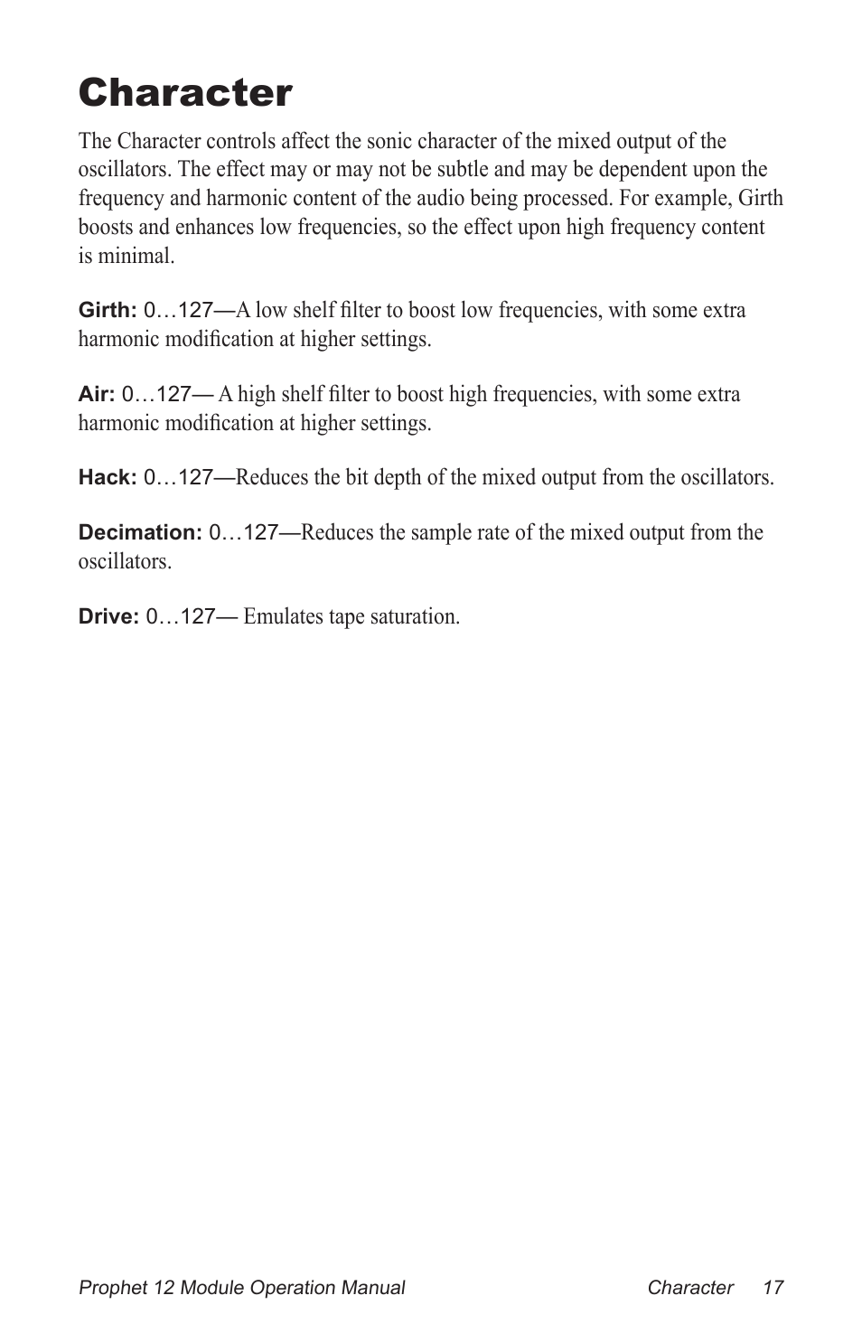 Character | Dave Smith Instruments PROPHET 12 DESKTOP User Manual | Page 29 / 104