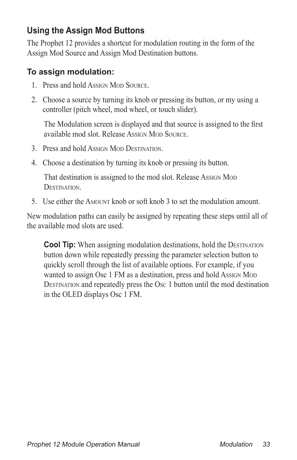 Using the assign mod buttons | Dave Smith Instruments PROPHET 12 DESKTOP User Manual | Page 45 / 104