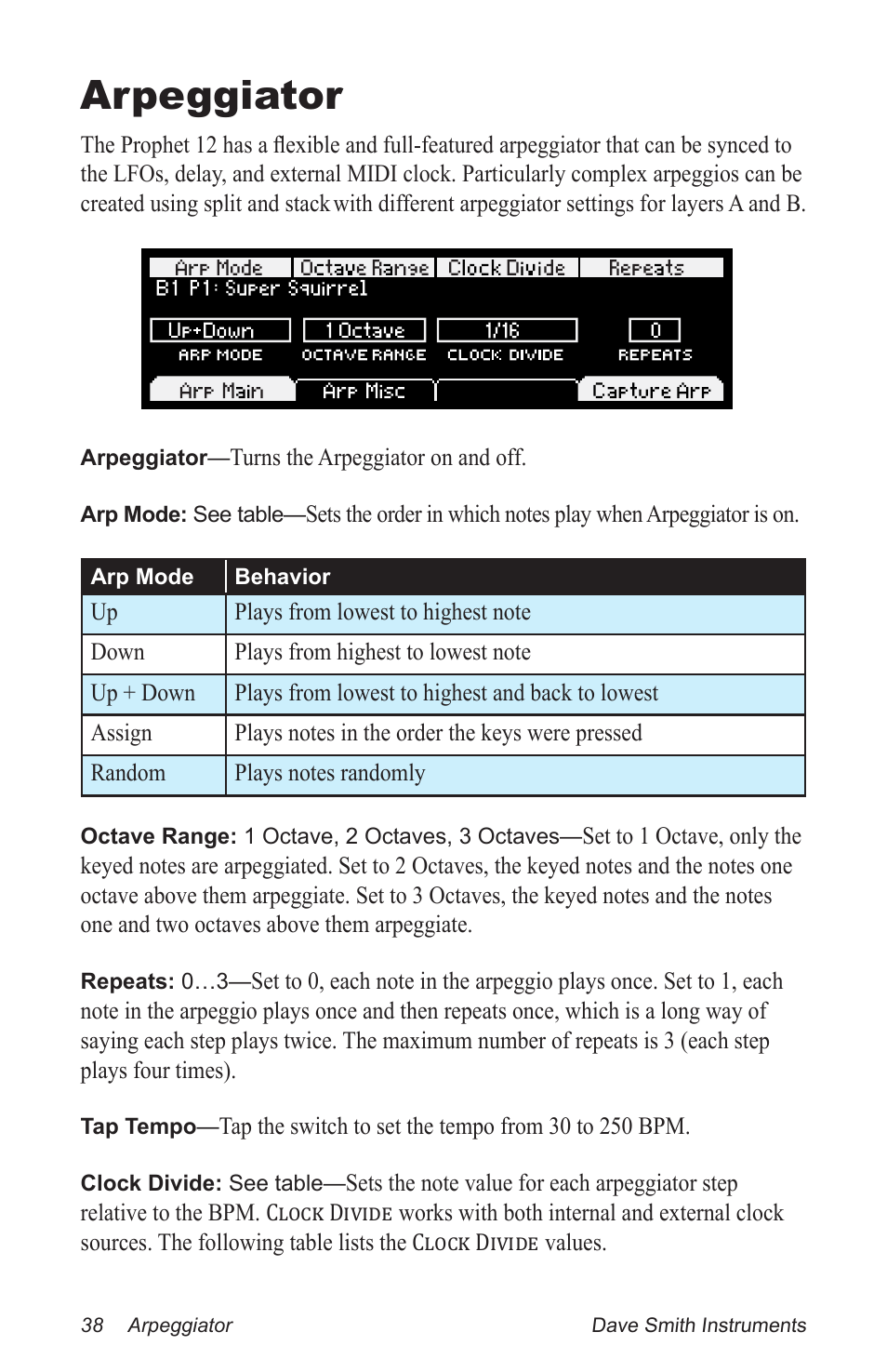 Arpeggiator | Dave Smith Instruments PROPHET 12 DESKTOP User Manual | Page 50 / 104