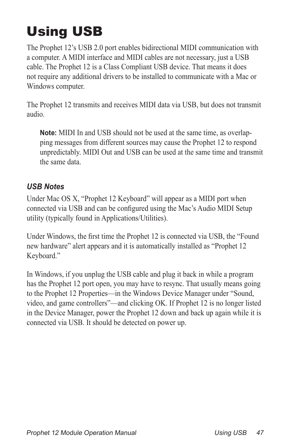 Using usb | Dave Smith Instruments PROPHET 12 DESKTOP User Manual | Page 59 / 104