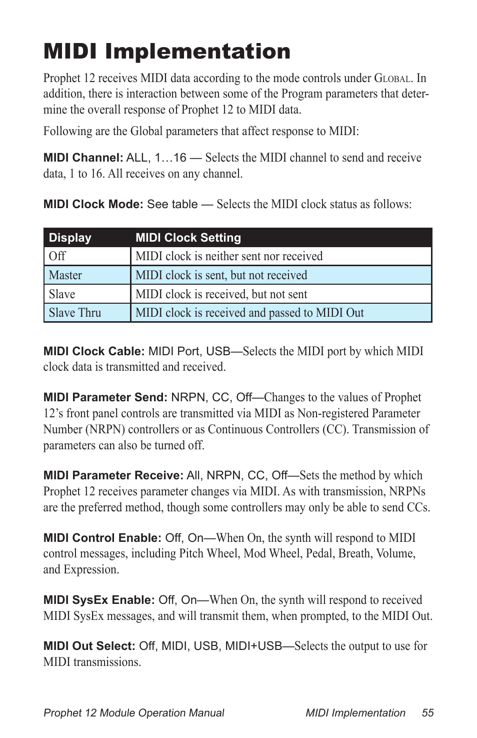 Midi implementation | Dave Smith Instruments PROPHET 12 DESKTOP User Manual | Page 67 / 104