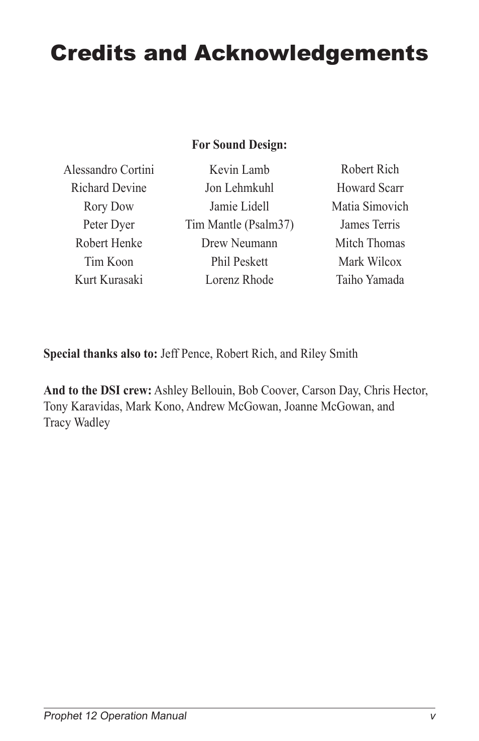 Credits and acknowledgements | Dave Smith Instruments PROPHET 12 DESKTOP User Manual | Page 7 / 104