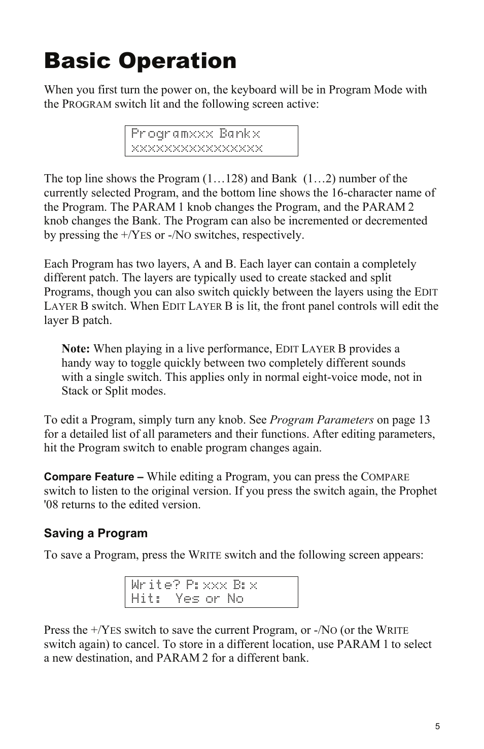 Basic operation, Saving a program | Dave Smith Instruments PROPHET 08 DESKTOP User Manual | Page 11 / 64