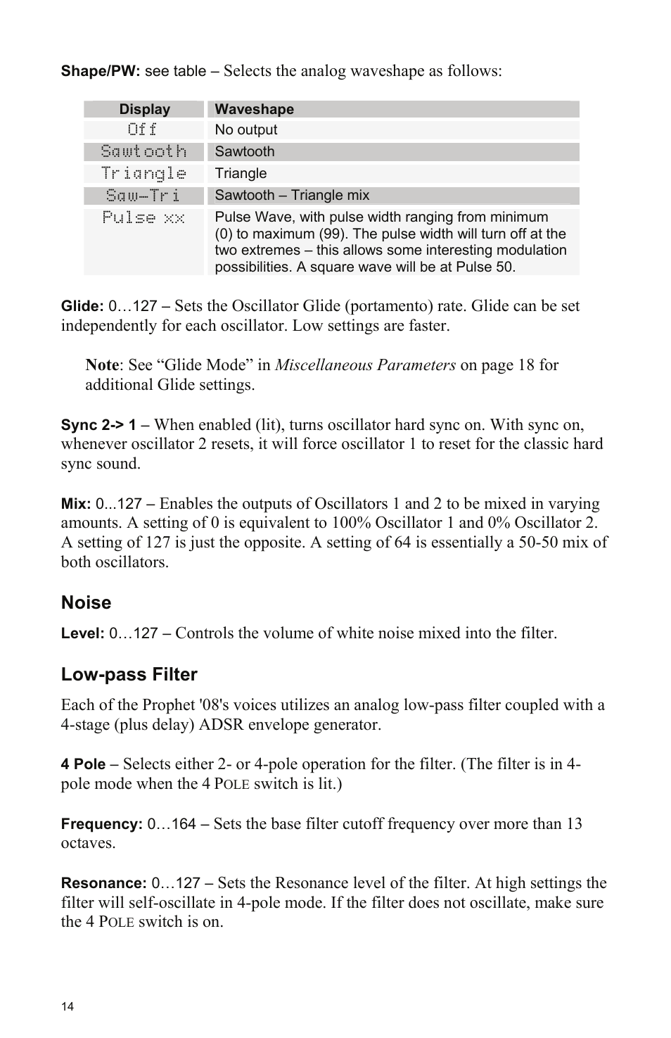 Noise, Low-pass filter | Dave Smith Instruments PROPHET 08 DESKTOP User Manual | Page 20 / 64