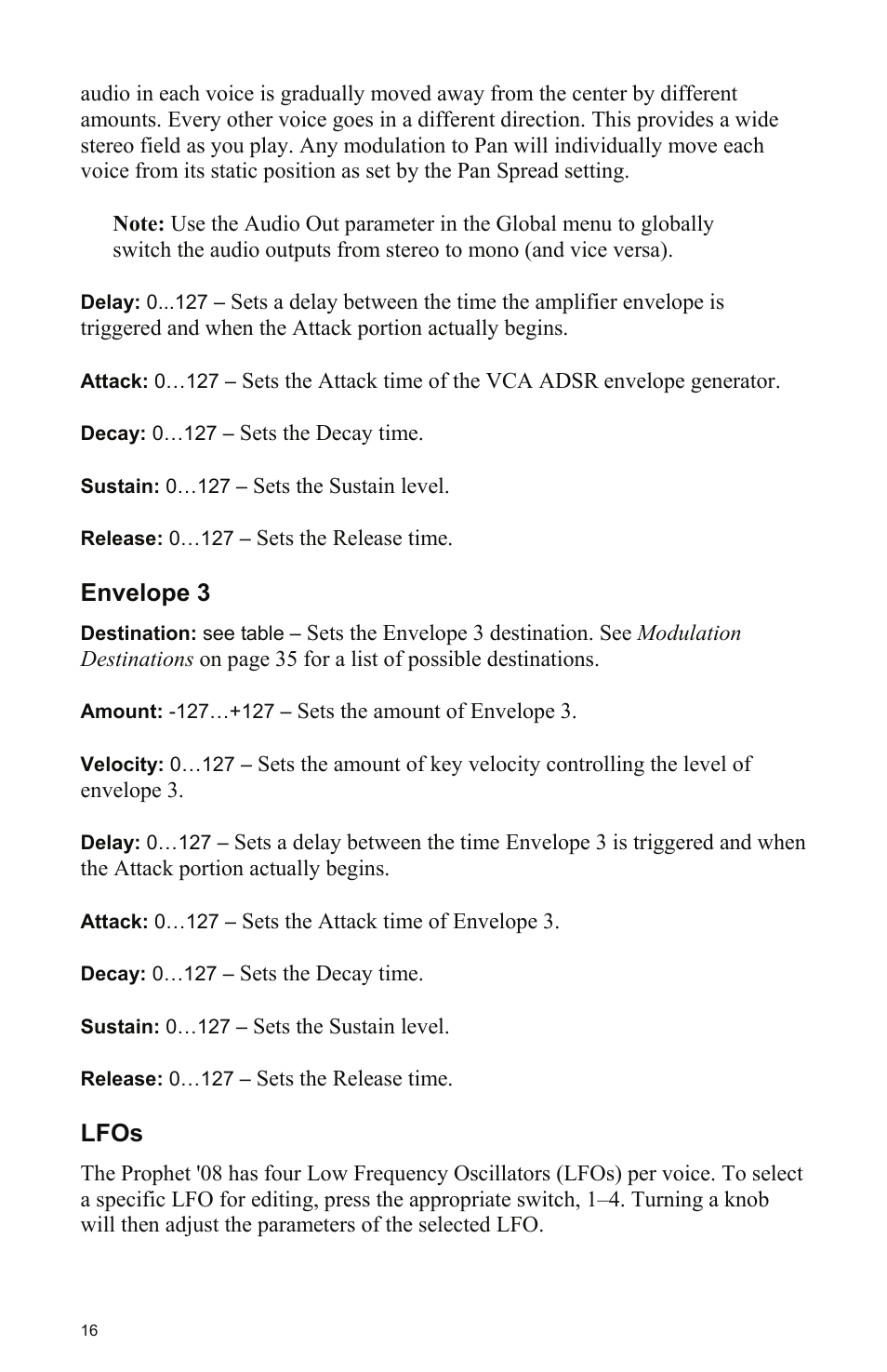 Envelope 3, Lfos | Dave Smith Instruments PROPHET 08 DESKTOP User Manual | Page 22 / 64