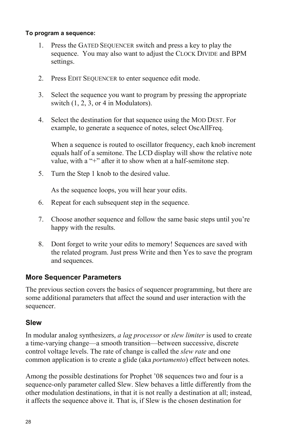 More sequencer parameters, Slew | Dave Smith Instruments PROPHET 08 DESKTOP User Manual | Page 34 / 64