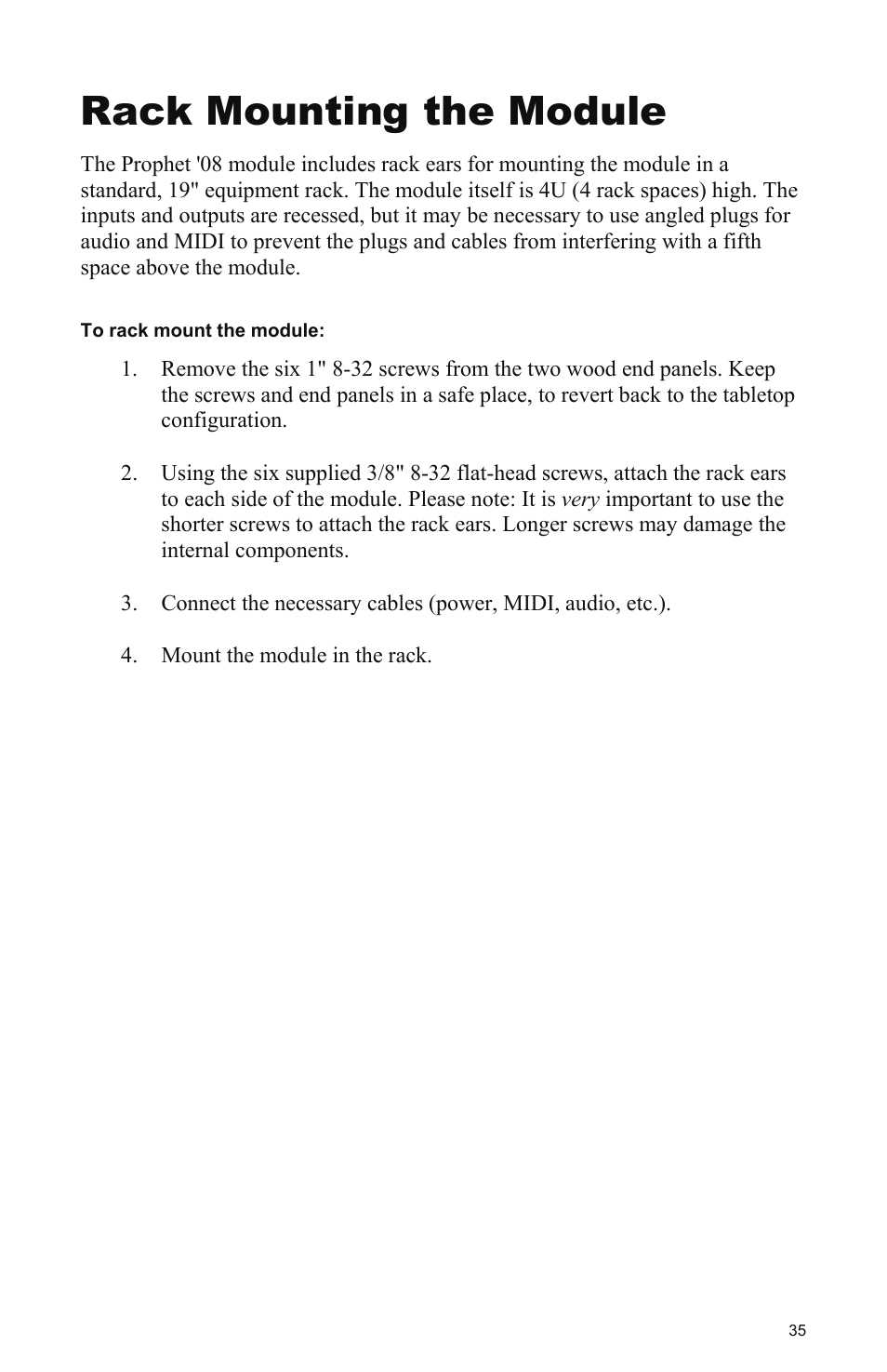 Rack mounting the module | Dave Smith Instruments PROPHET 08 DESKTOP User Manual | Page 41 / 64