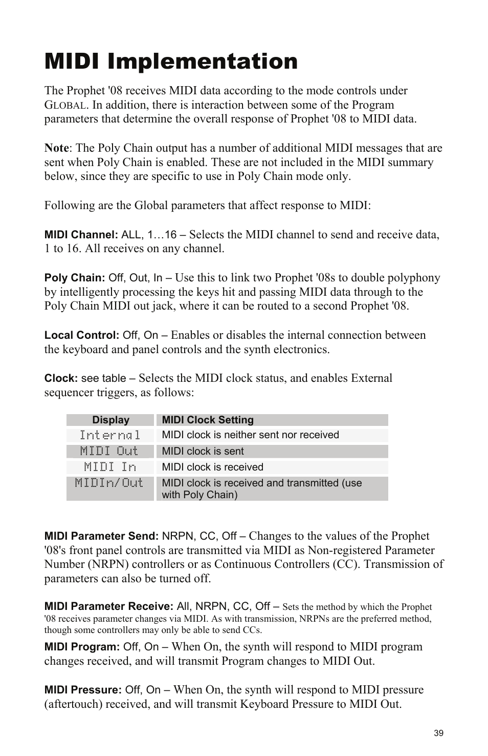 Midi implementation | Dave Smith Instruments PROPHET 08 DESKTOP User Manual | Page 45 / 64