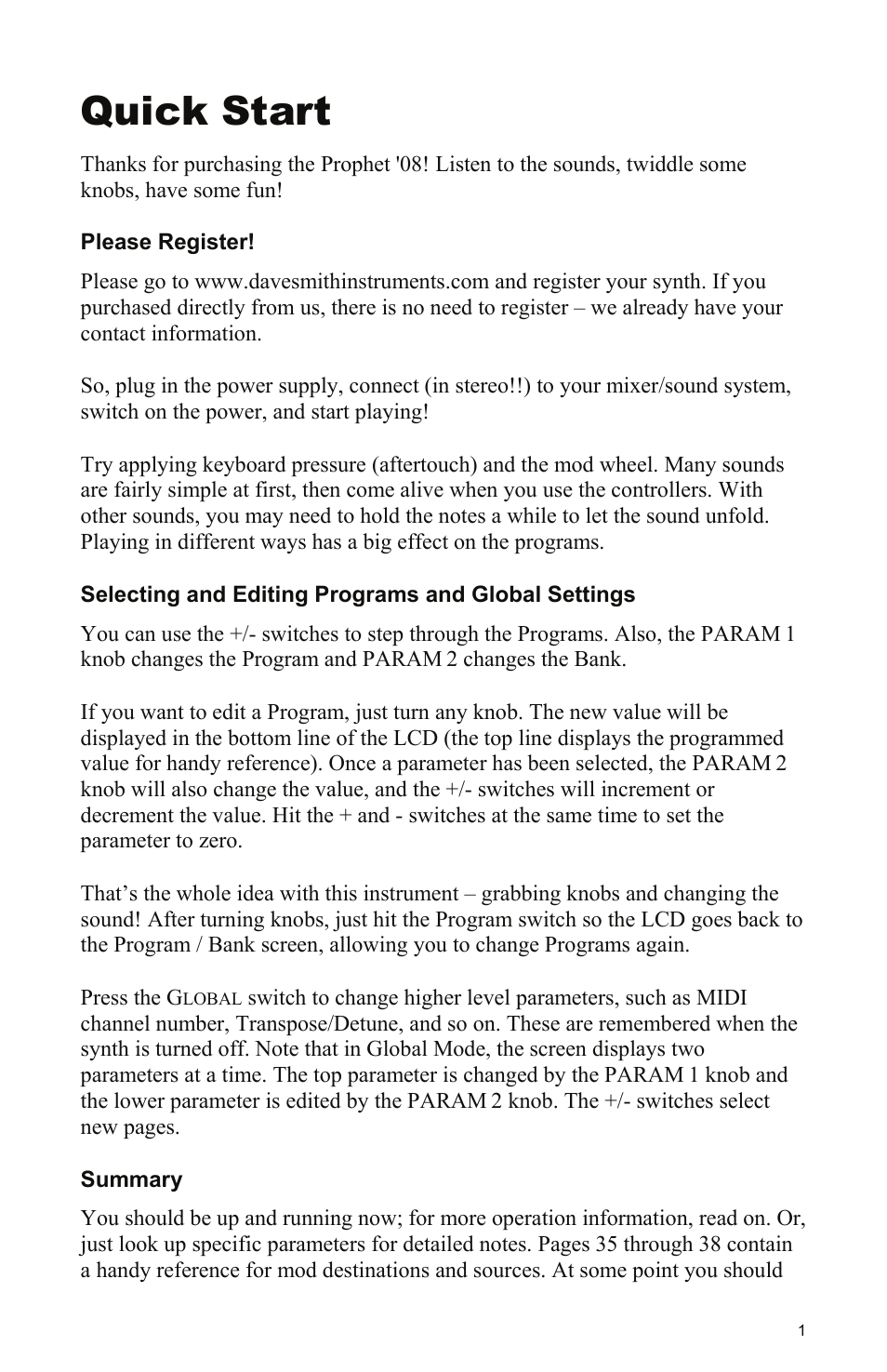 Quick start, Please register, Selecting and editing programs and global settings | Summary | Dave Smith Instruments PROPHET 08 DESKTOP User Manual | Page 7 / 64